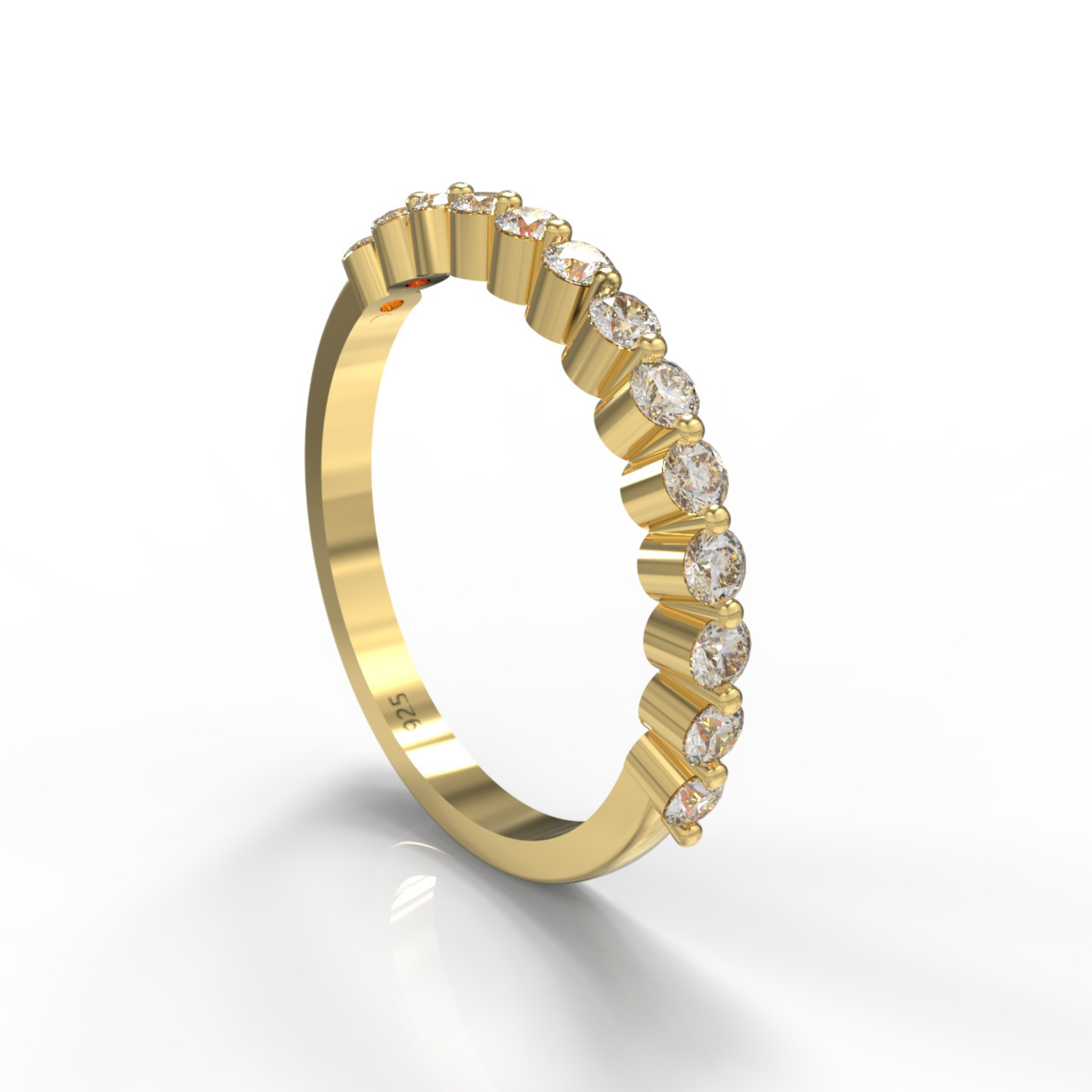 Round Cut Floating Diamond Half Wedding Band, Hallmarked 925 Sterling Silver Yellow Gold